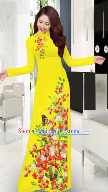 Vietnam Traditional National Printing Flowers Butterfly Yellow Ao Dai Dress Asian Vietnamese Cheongsam for Women