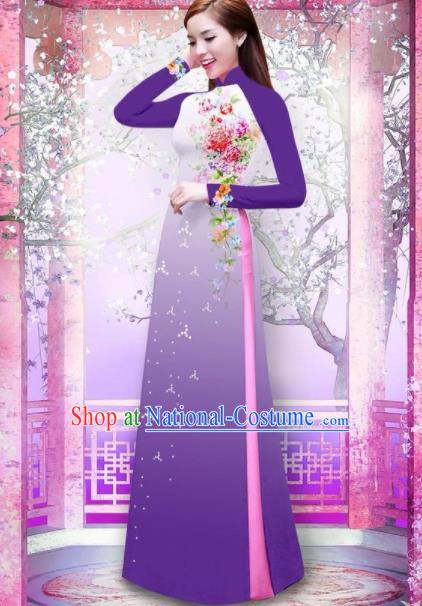 Vietnam Traditional National Printing Rose Flowers Purple Ao Dai Dress Asian Vietnamese Cheongsam for Women