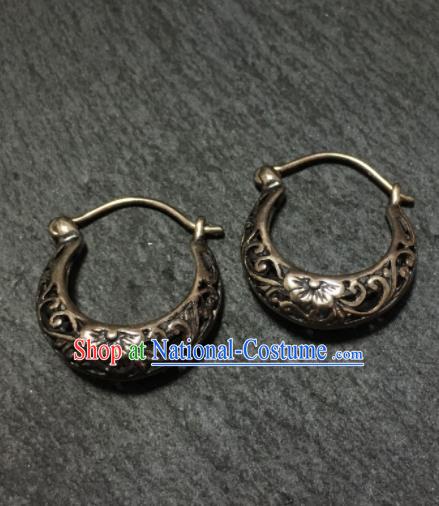 Chinese Traditional Mongol Nationality Sliver Carving Earrings Mongolian Ethnic Ear Accessories for Women