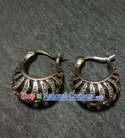 Chinese Traditional Mongol Nationality Carving Sliver Earrings Mongolian Ethnic Ear Accessories for Women