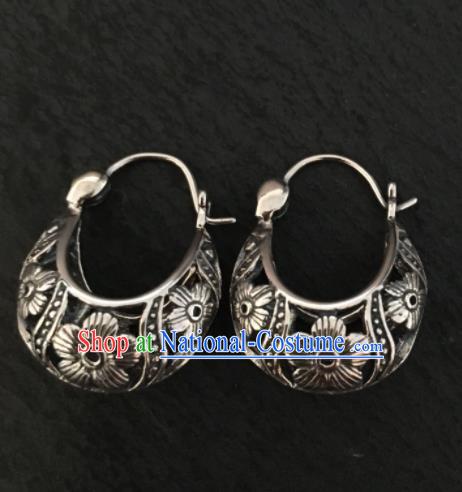 Chinese Traditional Mongol Nationality Carving Flowers Sliver Earrings Mongolian Ethnic Ear Accessories for Women