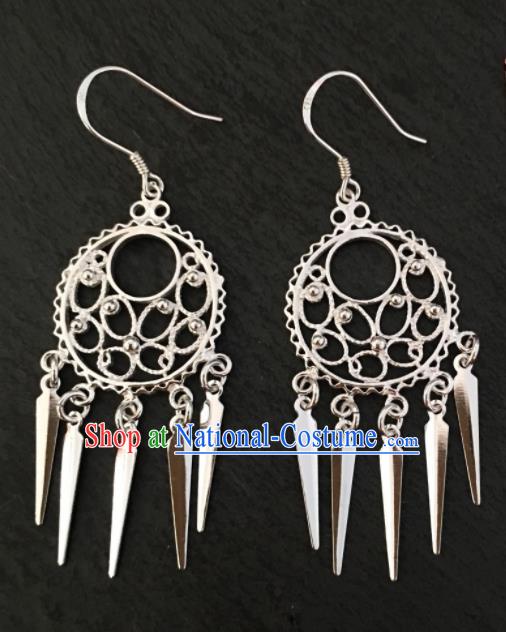 Chinese Traditional Mongol Nationality Carving Tassel Earrings Mongolian Ethnic Ear Accessories for Women