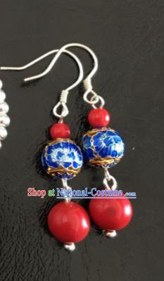 Chinese Traditional Mongol Nationality Cloisonne Earrings Mongolian Ethnic Sliver Ear Accessories for Women