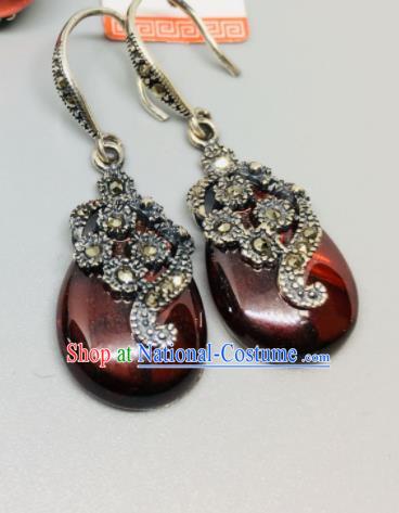 Chinese Traditional Mongol Nationality Garnet Earrings Mongolian Ethnic Ear Accessories for Women