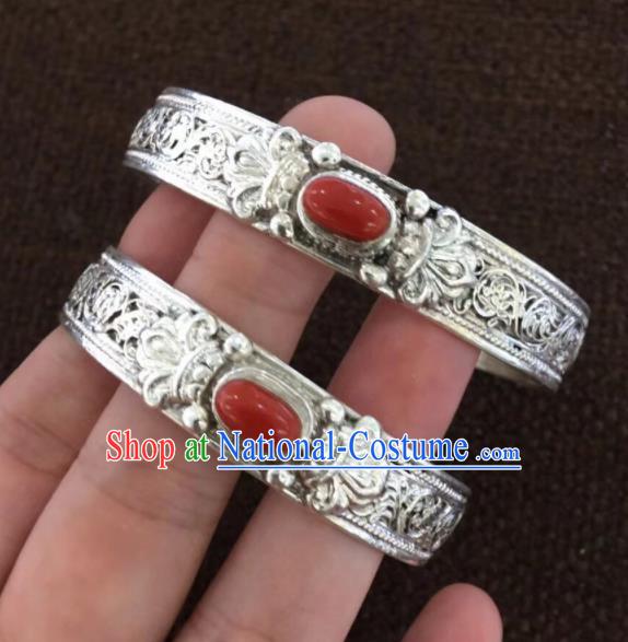 Chinese Traditional Mongol Nationality Red Stone Bracelet Mongolian Ethnic Sliver Bangle Accessories for Women