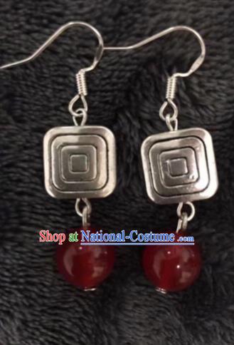 Chinese Traditional Mongol Nationality Red Sliver Earrings Mongolian Ethnic Ear Accessories for Women