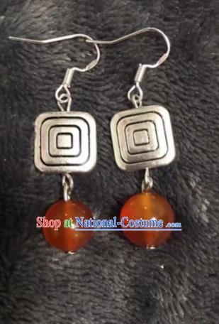 Chinese Traditional Mongol Nationality Orange Sliver Earrings Mongolian Ethnic Ear Accessories for Women