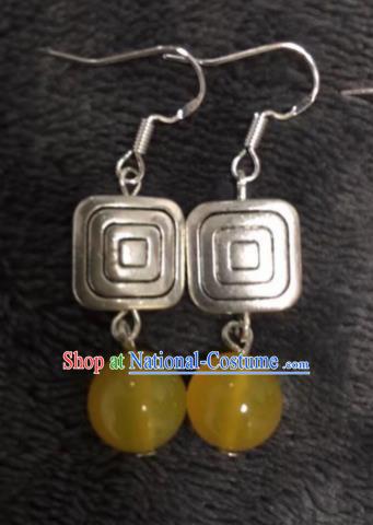 Chinese Traditional Mongol Nationality Yellow Sliver Earrings Mongolian Ethnic Ear Accessories for Women