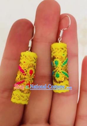 Chinese Traditional Ethnic Mongol Nationality Embroidered Yellow Earrings Mongolian Ear Accessories for Women