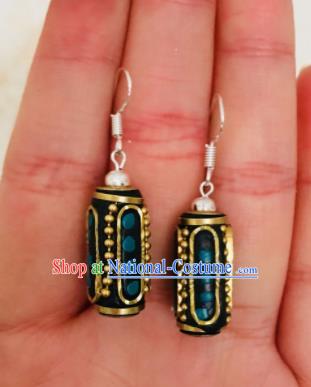 Chinese Traditional Ethnic Copper Barrel Earrings Mongol Nationality Ear Accessories for Women