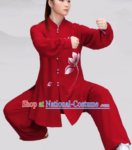 Chinese Traditional Martial Arts Red Costume Tai Ji Kung Fu Printing Lotus Clothing for Women