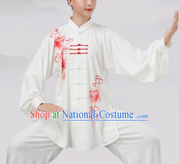 Traditional Chinese Martial Arts Competition Printing Red Peony Costume Tai Ji Kung Fu Training Clothing for Women