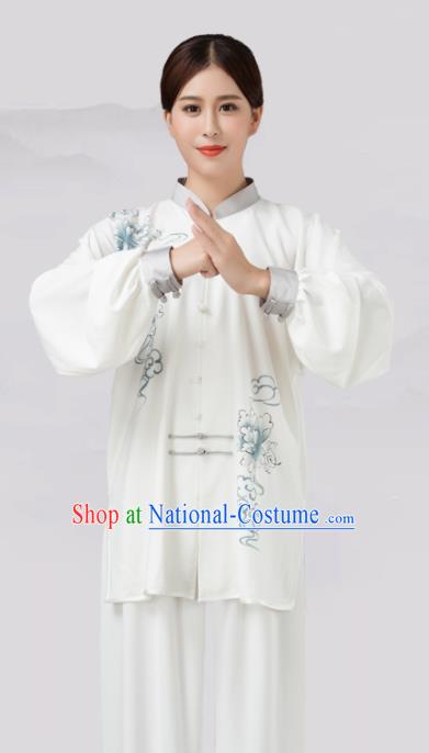 Traditional Chinese Martial Arts Competition Printing Blue Peony Costume Tai Ji Kung Fu Training Clothing for Women