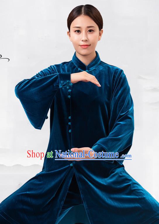 Traditional Chinese Martial Arts Competition Blue Velvet Costume Tai Ji Kung Fu Training Clothing for Women