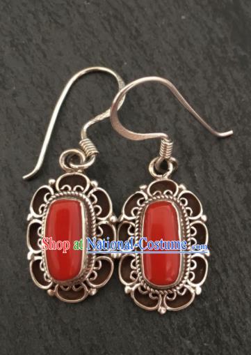 Chinese Traditional Mongol Nationality Earrings Mongolian Ethnic Sliver Ear Accessories for Women