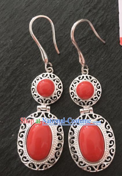 Chinese Traditional Mongol Nationality Coral Stone Earrings Mongolian Ethnic Sliver Ear Accessories for Women