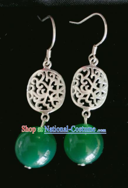 Chinese Traditional Mongol Nationality Green Bead Earrings Mongolian Ethnic Sliver Ear Accessories for Women