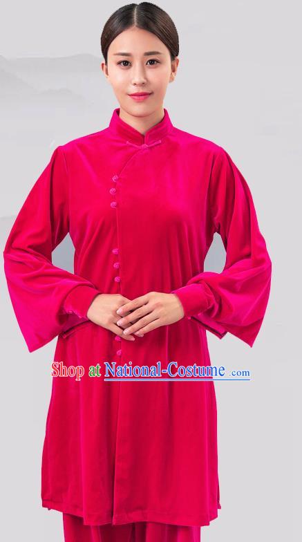 Traditional Chinese Martial Arts Competition Rosy Velvet Costume Tai Ji Kung Fu Training Clothing for Women