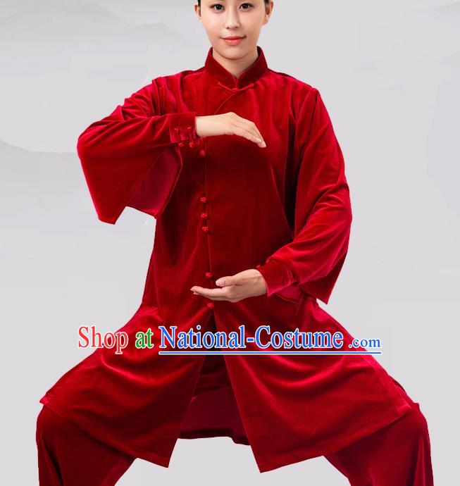 Traditional Chinese Martial Arts Competition Red Velvet Costume Tai Ji Kung Fu Training Clothing for Women