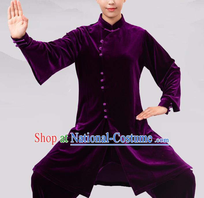 Traditional Chinese Martial Arts Competition Purple Velvet Costume Tai Ji Kung Fu Training Clothing for Women