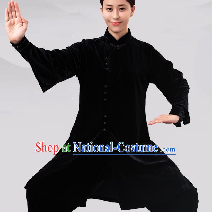 Traditional Chinese Martial Arts Competition Black Velvet Costume Tai Ji Kung Fu Training Clothing for Women