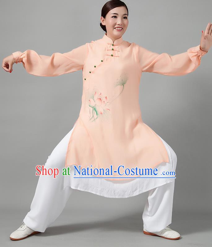 Traditional Chinese Martial Arts Printing Lotus Orange Costume Tai Ji Kung Fu Competition Clothing for Women