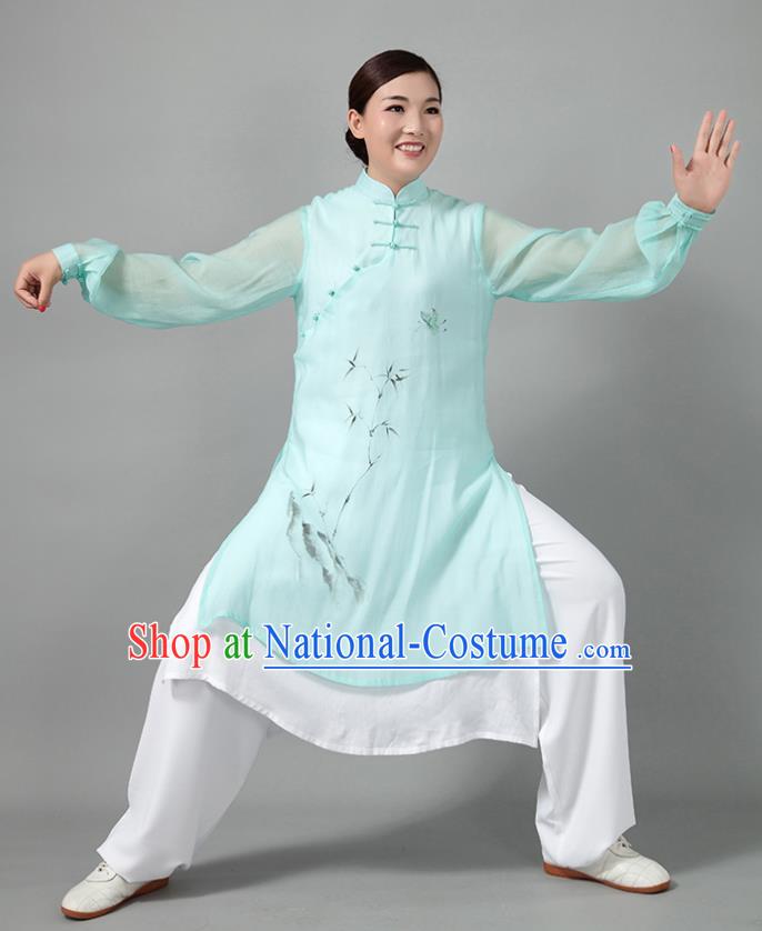 Traditional Chinese Martial Arts Printing Bamboo Green Costume Tai Ji Kung Fu Competition Clothing for Women