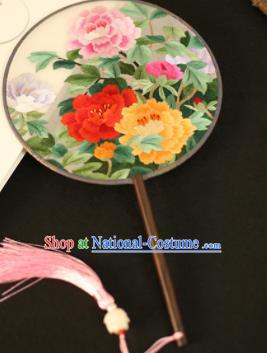 Chinese Traditional Embroidered Peony Flowers Round Fans Classical Hanfu Palace Fans for Women