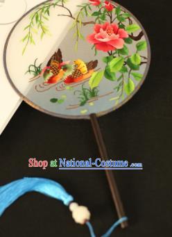 Chinese Traditional Embroidered Mandarin Duck Round Fans Classical Hanfu Palace Fans for Women