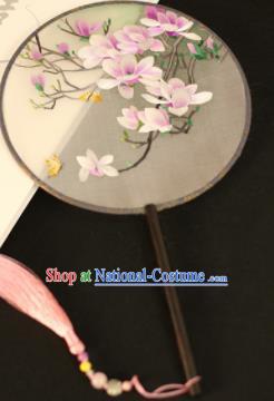 Chinese Traditional Embroidered Pink Magnolia Round Fans Classical Hanfu Palace Fans for Women