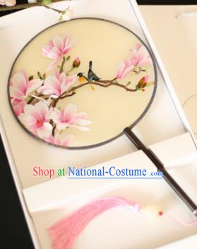 Chinese Traditional Embroidered Red Magnolia Round Fans Classical Hanfu Palace Fans for Women