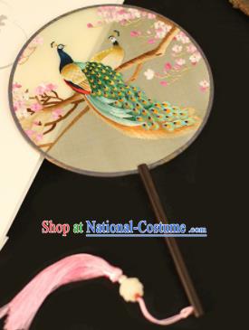 Chinese Traditional Embroidered Green Peacock Round Fans Classical Hanfu Palace Fans for Women