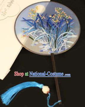 Chinese Traditional Embroidered Blue Orchid Round Fans Classical Hanfu Palace Fans for Women