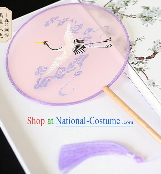 Chinese Traditional Embroidered Crane Pink Round Fans Classical Hanfu Palace Fans for Women