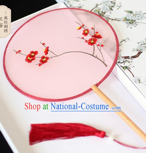 Chinese Traditional Embroidered Plum Blossom Pink Round Fans Classical Hanfu Palace Fans for Women