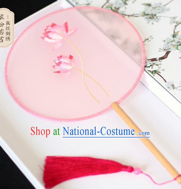 Chinese Traditional Embroidered Lotus Pink Silk Round Fans Classical Hanfu Palace Fans for Women