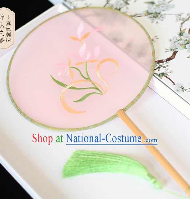 Chinese Traditional Embroidered Orchid Pink Silk Round Fans Classical Hanfu Palace Fans for Women