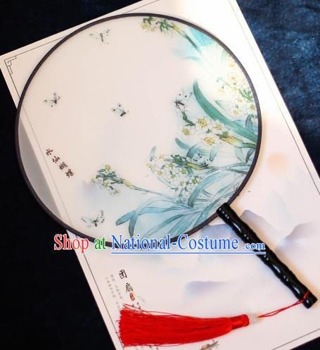 Chinese Traditional Printing Daffodil Silk Round Fans Handmade Classical Palace Fans for Women