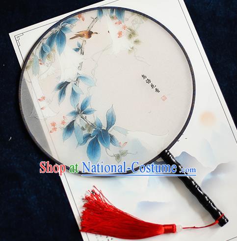 Chinese Traditional Printing Bird Flower Silk Round Fans Handmade Classical Palace Fans for Women