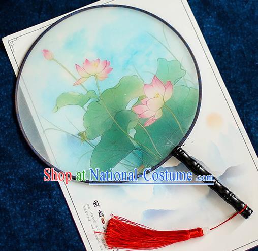 Chinese Traditional Printing Lotus Silk Round Fans Handmade Classical Palace Fans for Women