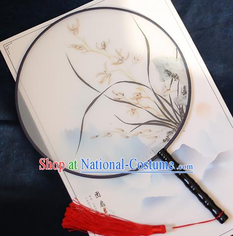 Chinese Traditional Printing Orchid Silk Round Fans Handmade Classical Palace Fans for Women