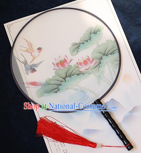 Chinese Traditional Printing Swallow Lotus Silk Round Fans Handmade Classical Palace Fans for Women