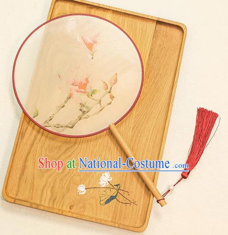 Chinese Traditional Printing Yulan Magnolia Dance Silk Round Fans Handmade Classical Palace Fans for Women