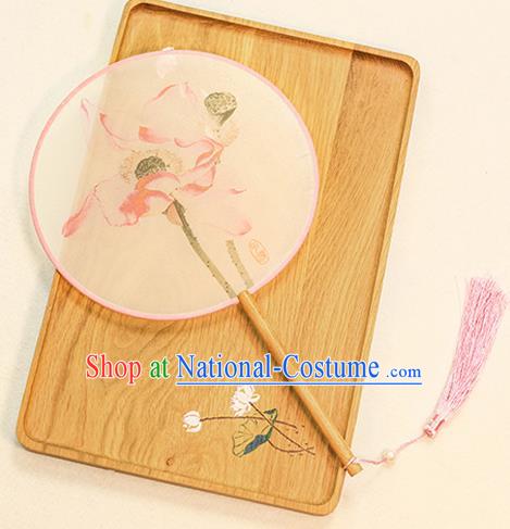 Chinese Traditional Printing Lotus Flowers Dance Silk Round Fans Handmade Classical Palace Fans for Women