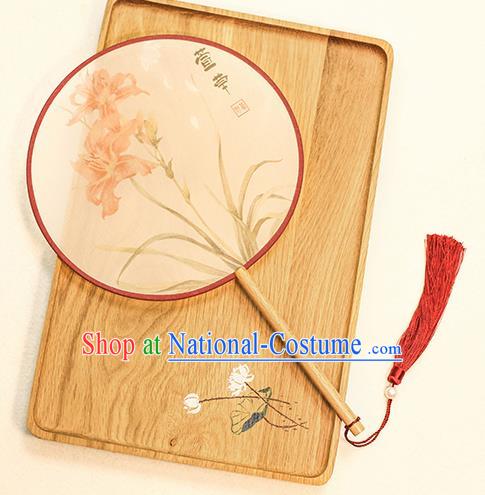 Chinese Traditional Printing Tawny Daylily Dance Silk Round Fans Handmade Classical Palace Fans for Women