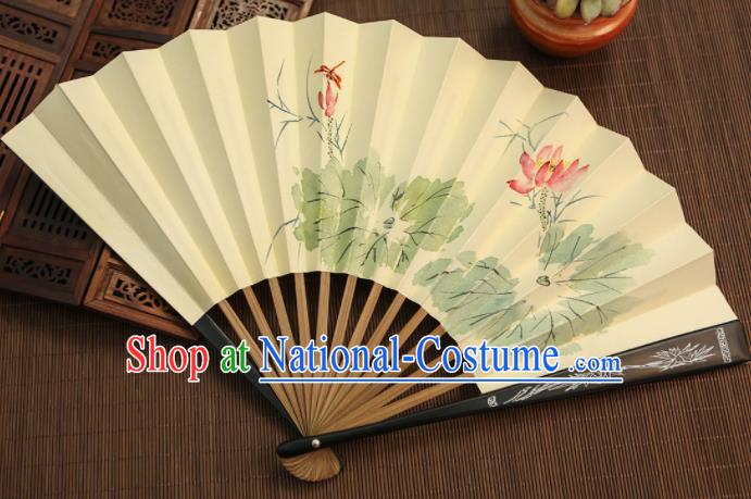 Chinese Traditional Handmade Ink Painting Lotus Paper Fans Classical Accordion Folding Fans for Women