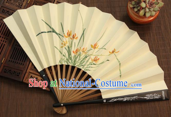 Chinese Traditional Handmade Ink Painting Orchid Paper Fans Classical Accordion Folding Fans for Women