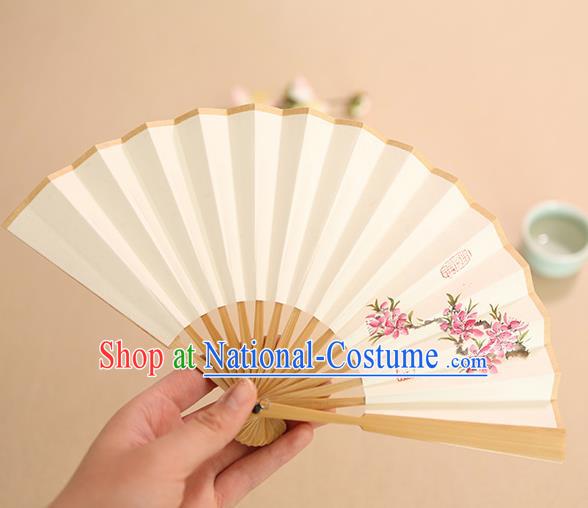 Chinese Traditional Handmade Ink Painting Peach Blossom Paper Fans Classical Accordion Folding Fans for Women