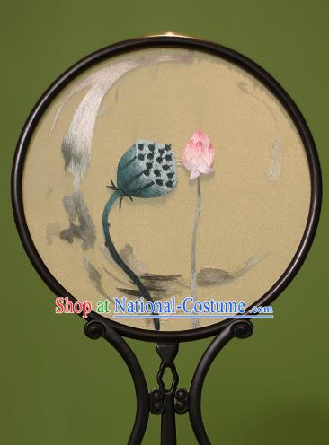 Chinese Traditional Handmade Embroidered Lotus Silk Round Fans Classical Palace Fans for Women