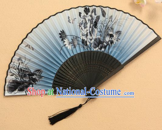 Chinese Traditional Folding Fans Classical Printing Peony Blue Accordion Silk Fans for Women